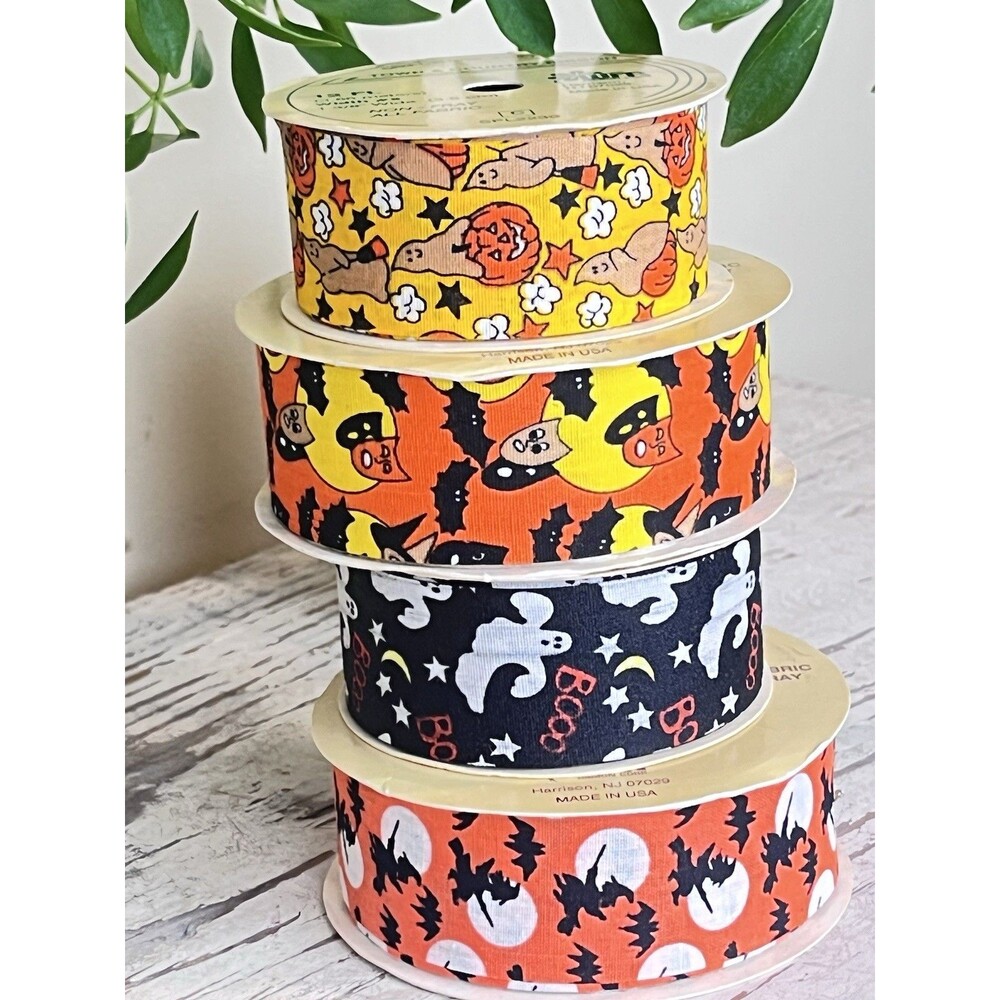 Vintage Festive Halloween Ribbon Set Of 4 Rolls / Retro Holiday Ghosts Witches